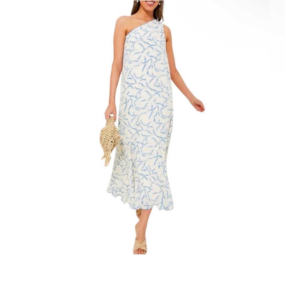 One-Shoulder Blue Floral Midi Dress - Women